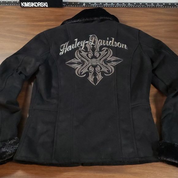 Harley-Davidson‎ Faux Fur & Suede Black Jacket Tribal Design Small - Picture 2 of 14